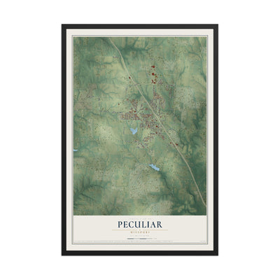 Map of Peculiar, Missouri, 12 x 18 inch print in a black wood frame