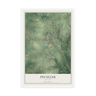 Map of Peculiar, Missouri, 12 x 18 inch print in a white wood frame