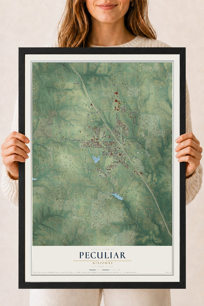 Map of Peculiar, Missouri, 18 x 24 inch print in a black wood frame