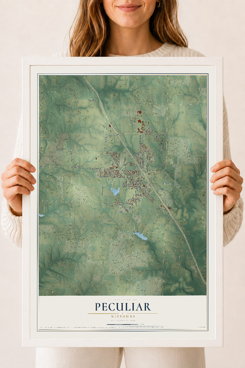 Map of Peculiar, Missouri, 18 x 24 inch print in a white wood frame