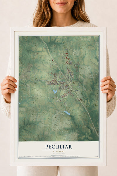 Map of Peculiar, Missouri, 18 x 24 inch print in a white wood frame