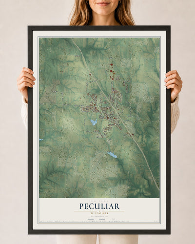 Map of Peculiar, Missouri, 24 x 36 inch print in a black wood frame