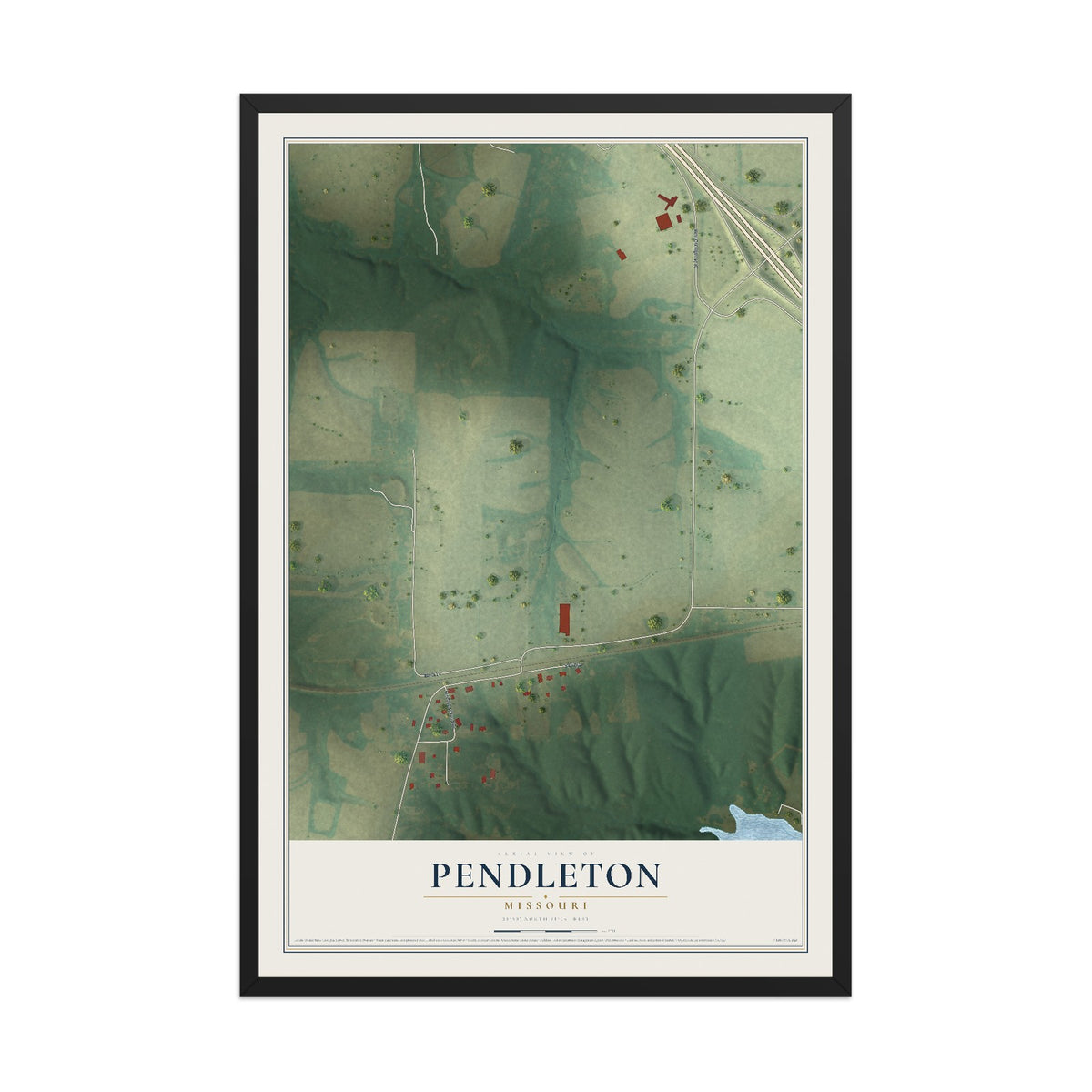 Map of Pendleton, Missouri, 12 x 18 inch print in a black wood frame