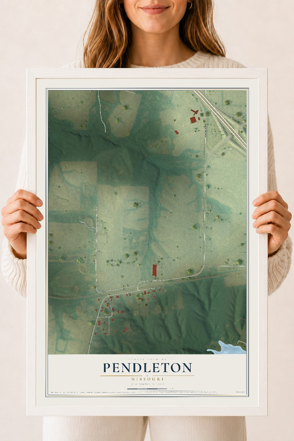 Map of Pendleton, Missouri, 18 x 24 inch print in a white wood frame