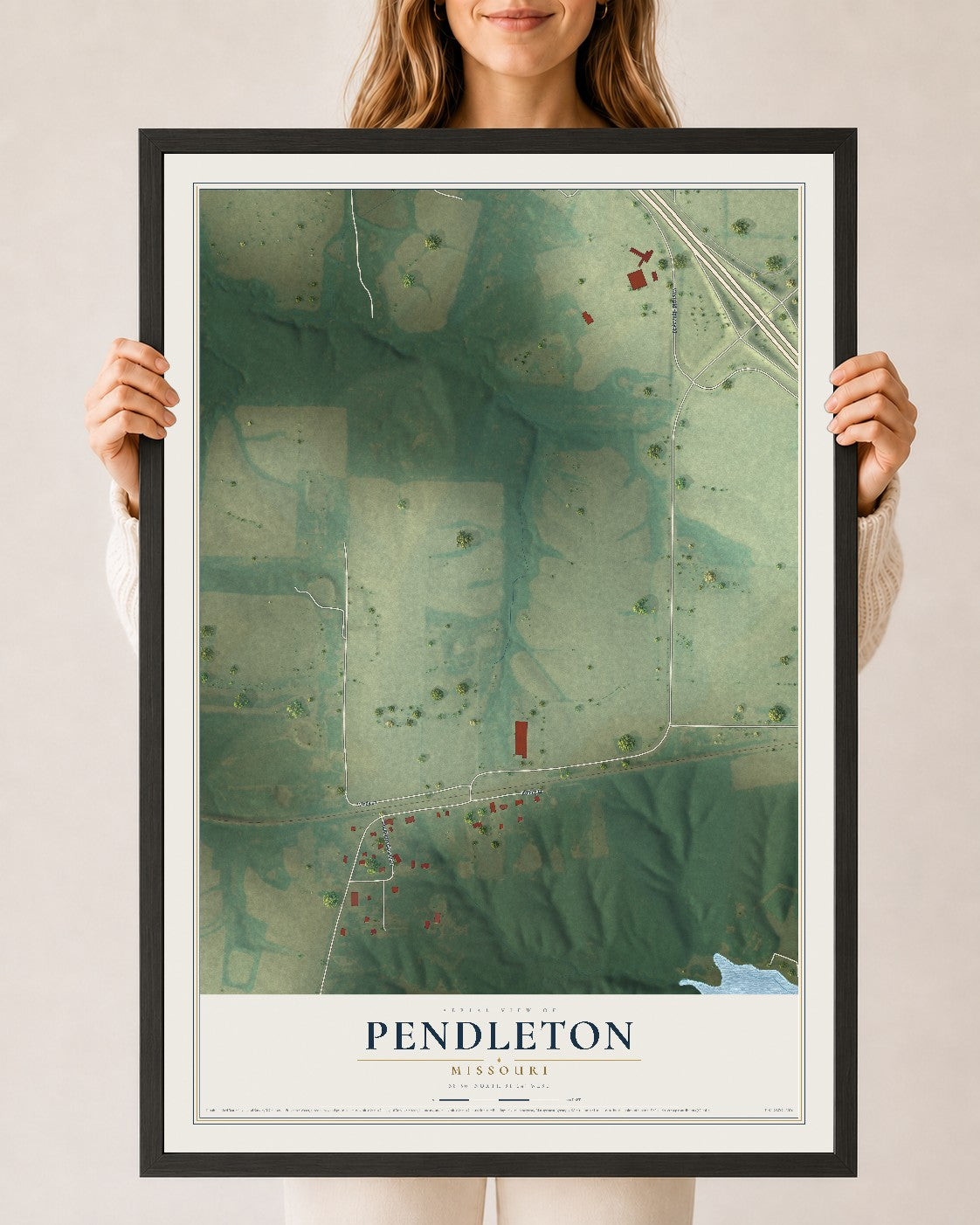 Map of Pendleton, Missouri, 24 x 36 inch print in a black wood frame