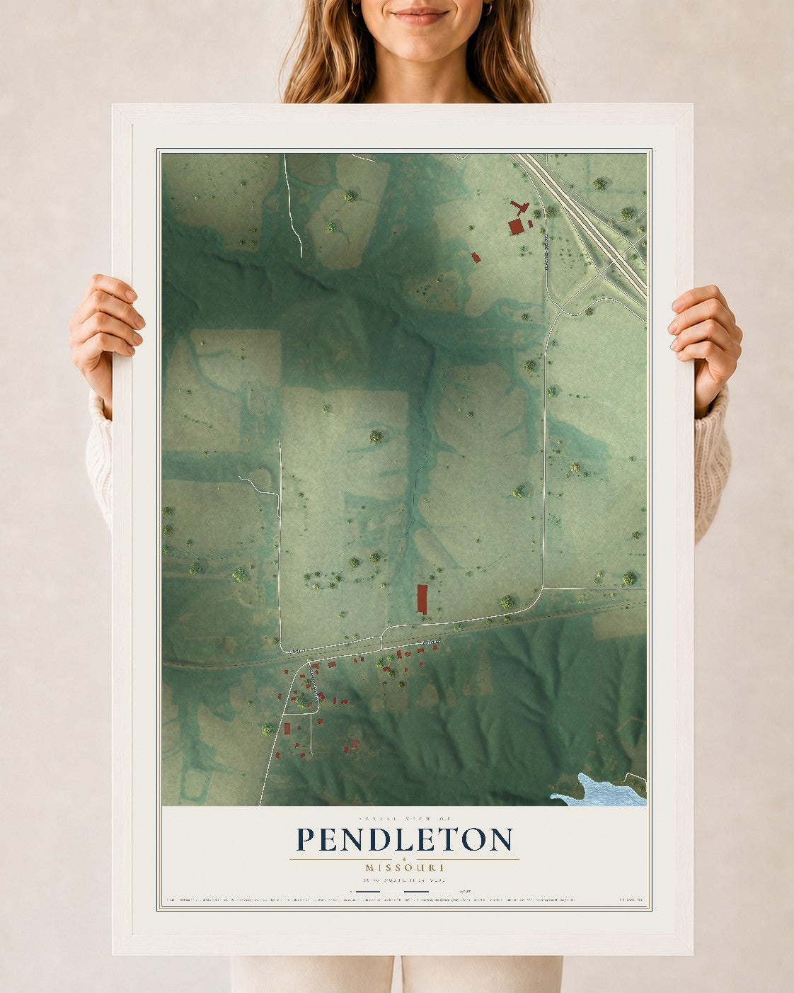 Map of Pendleton, Missouri, 24 x 36 inch print in a white wood frame
