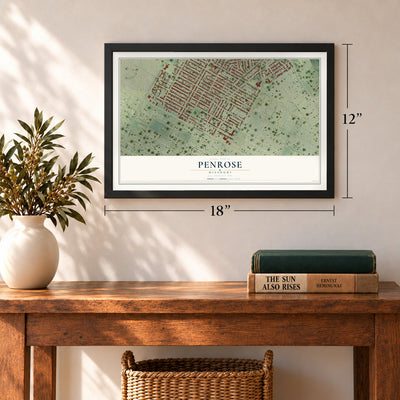 Penrose, Missouri map, 12 x 18 inch print in a black frame in an entryway