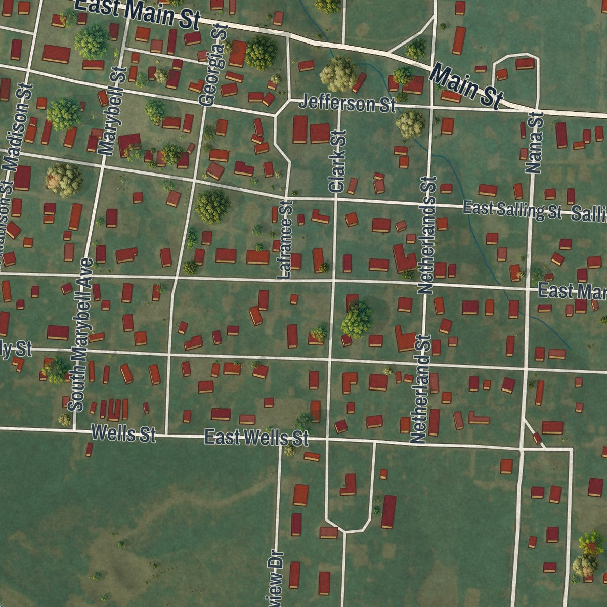 Close-up of the map of Perry, Missouri print showing street and building detail