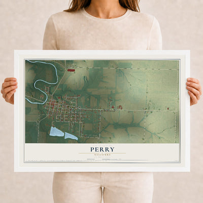 Map of Perry, Missouri, 12 x 18 inch print in a white wood frame