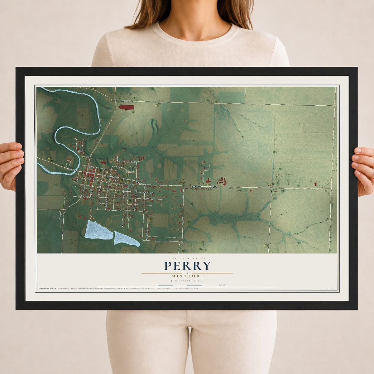 Map of Perry, Missouri, 18 x 24 inch print in a black wood frame