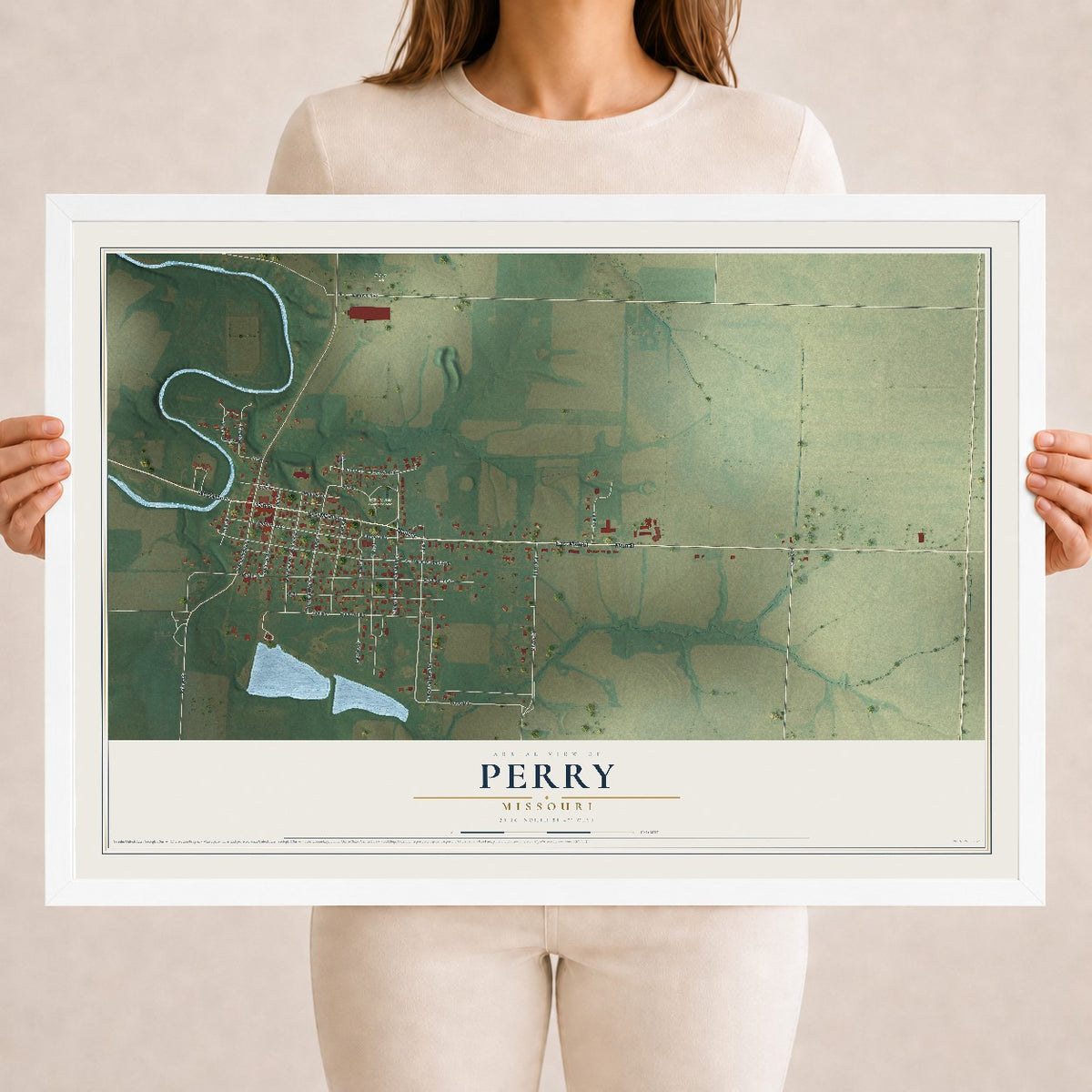 Map of Perry, Missouri, 18 x 24 inch print in a white wood frame