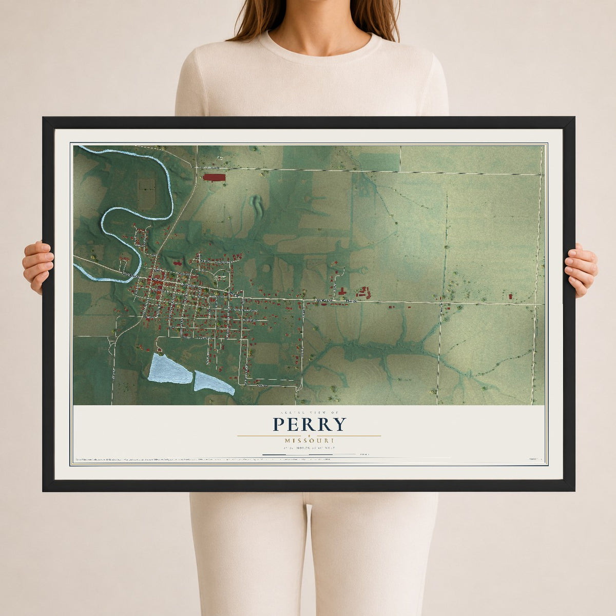 Map of Perry, Missouri, 24 x 36 inch print in a black wood frame