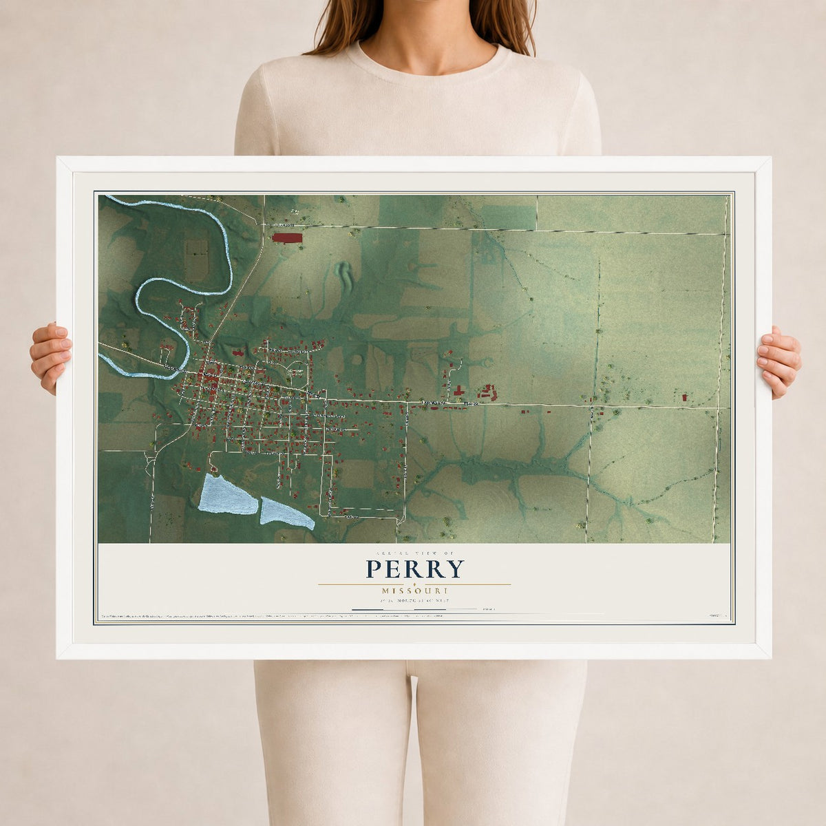 Map of Perry, Missouri, 24 x 36 inch print in a white wood frame