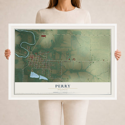 Map of Perry, Missouri, 24 x 36 inch print in a white wood frame