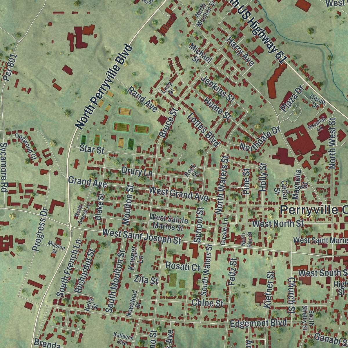 Close-up of the map of Perryville, Missouri print showing street and building detail