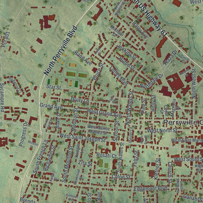Close-up of the map of Perryville, Missouri print showing street and building detail