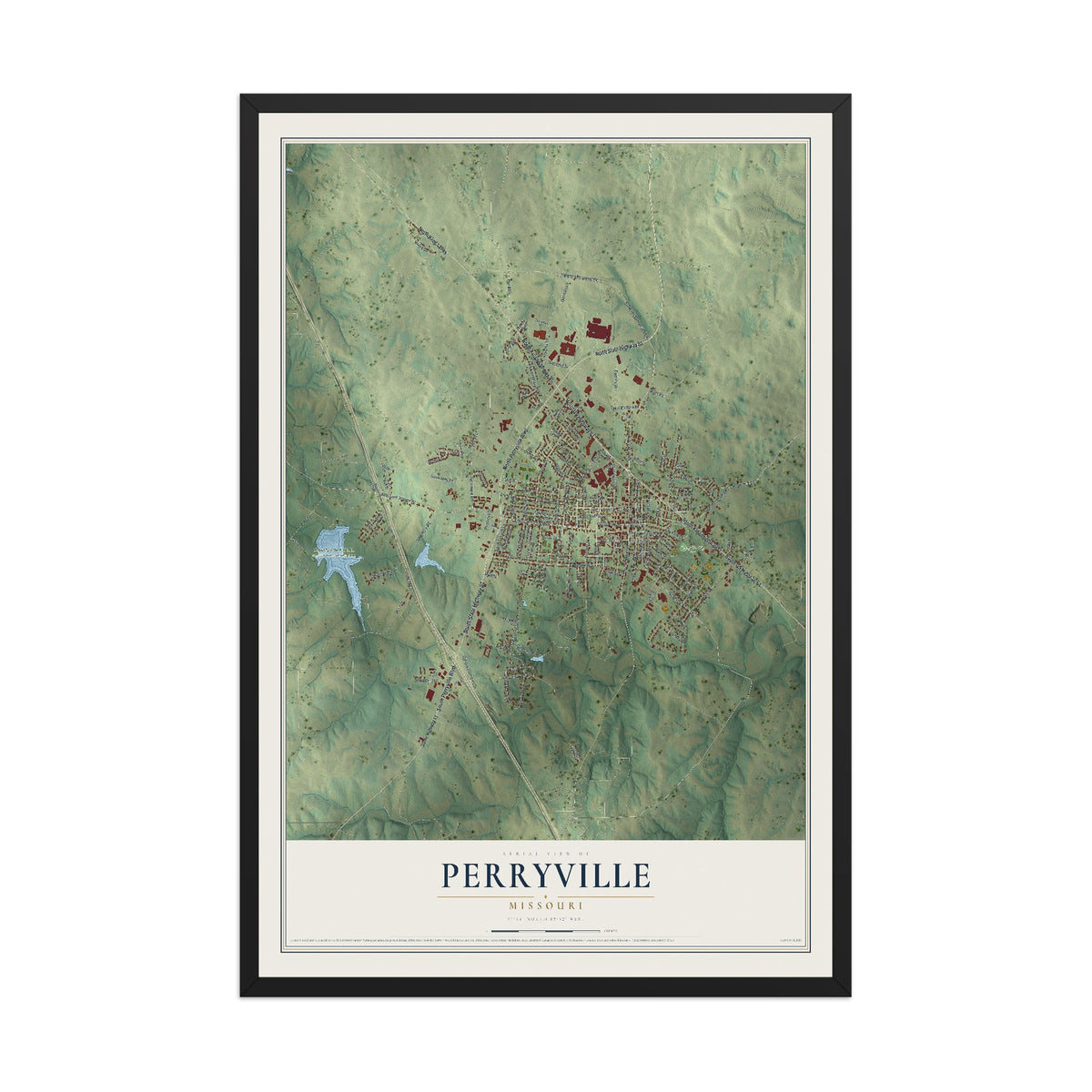 Map of Perryville, Missouri, 12 x 18 inch print in a black wood frame