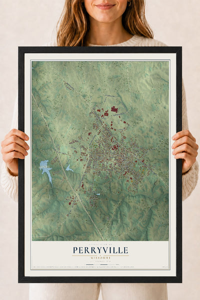 Map of Perryville, Missouri, 18 x 24 inch print in a black wood frame