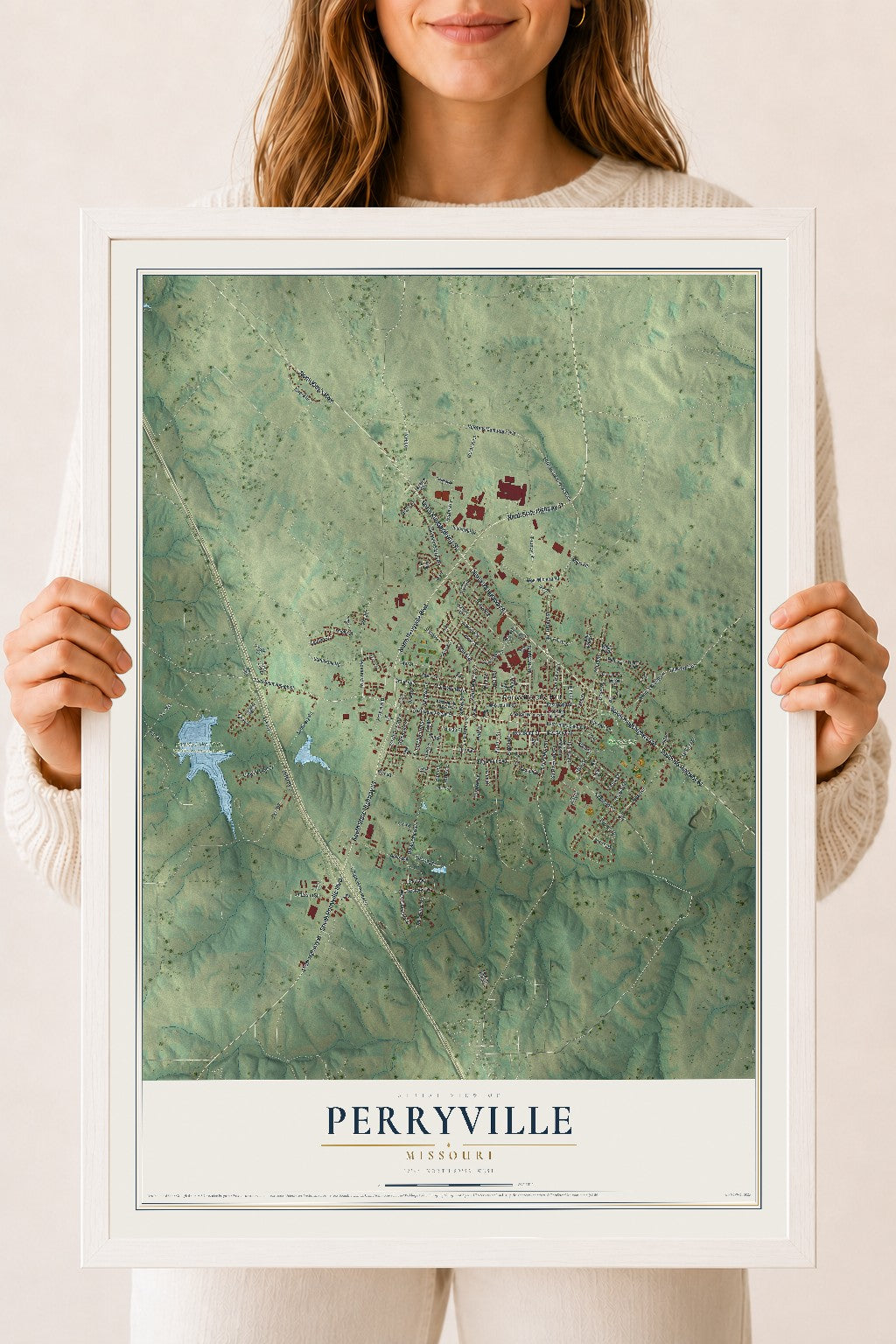 Map of Perryville, Missouri, 18 x 24 inch print in a white wood frame