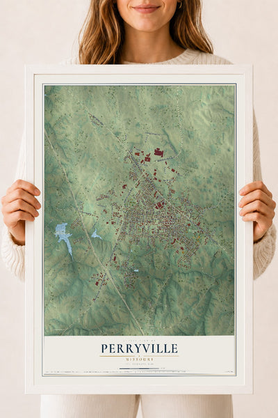 Map of Perryville, Missouri, 18 x 24 inch print in a white wood frame