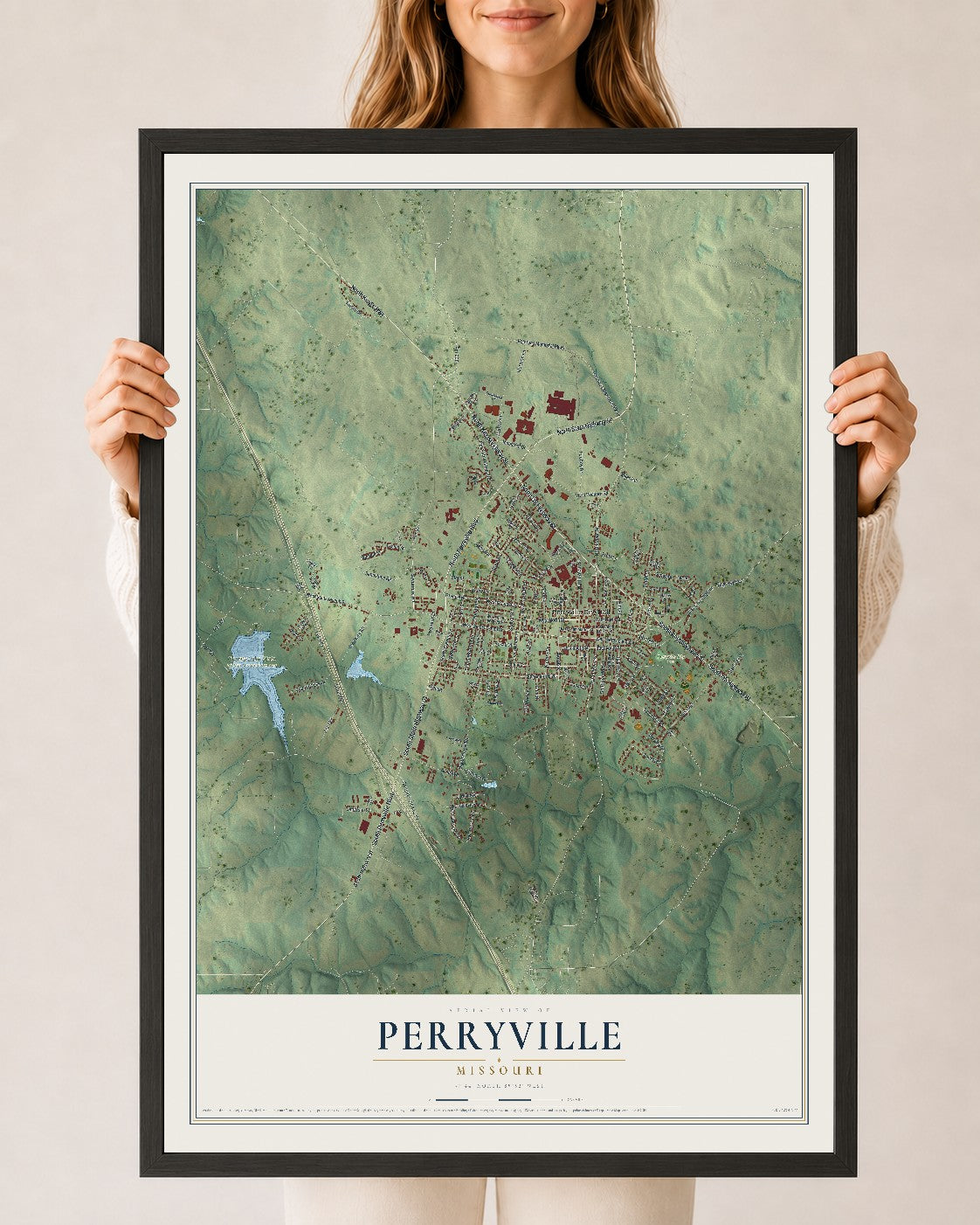 Map of Perryville, Missouri, 24 x 36 inch print in a black wood frame