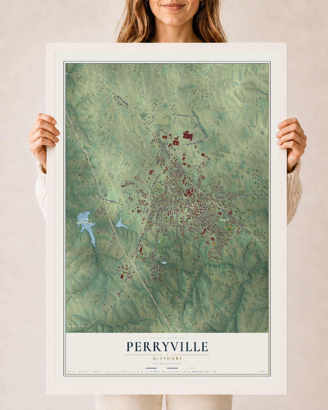 Map of Perryville, Missouri, 24 x 36 inch print in a white wood frame