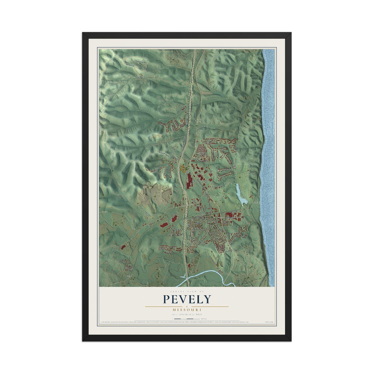 Map of Pevely, Missouri, 12 x 18 inch print in a black wood frame