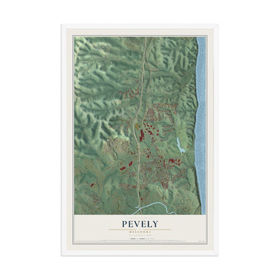Map of Pevely, Missouri, 12 x 18 inch print in a white wood frame