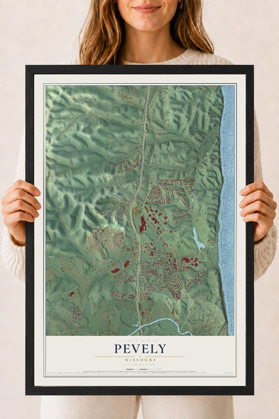 Map of Pevely, Missouri, 18 x 24 inch print in a black wood frame