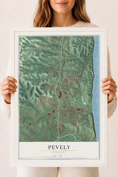 Map of Pevely, Missouri, 18 x 24 inch print in a white wood frame