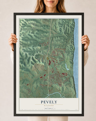 Map of Pevely, Missouri, 24 x 36 inch print in a black wood frame