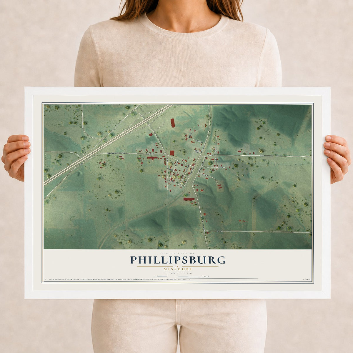 Map of Phillipsburg, Missouri, 12 x 18 inch print in a white wood frame