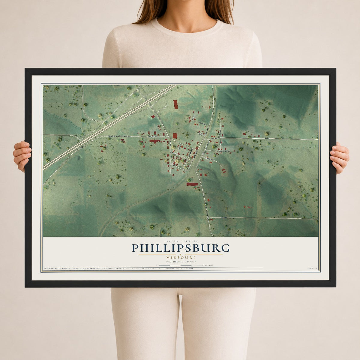 Map of Phillipsburg, Missouri, 24 x 36 inch print in a black wood frame