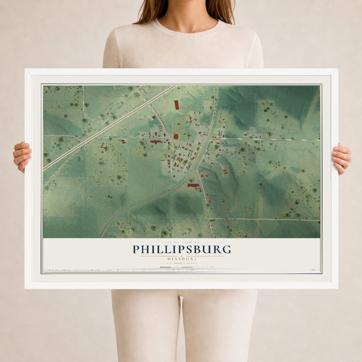 Map of Phillipsburg, Missouri, 24 x 36 inch print in a white wood frame