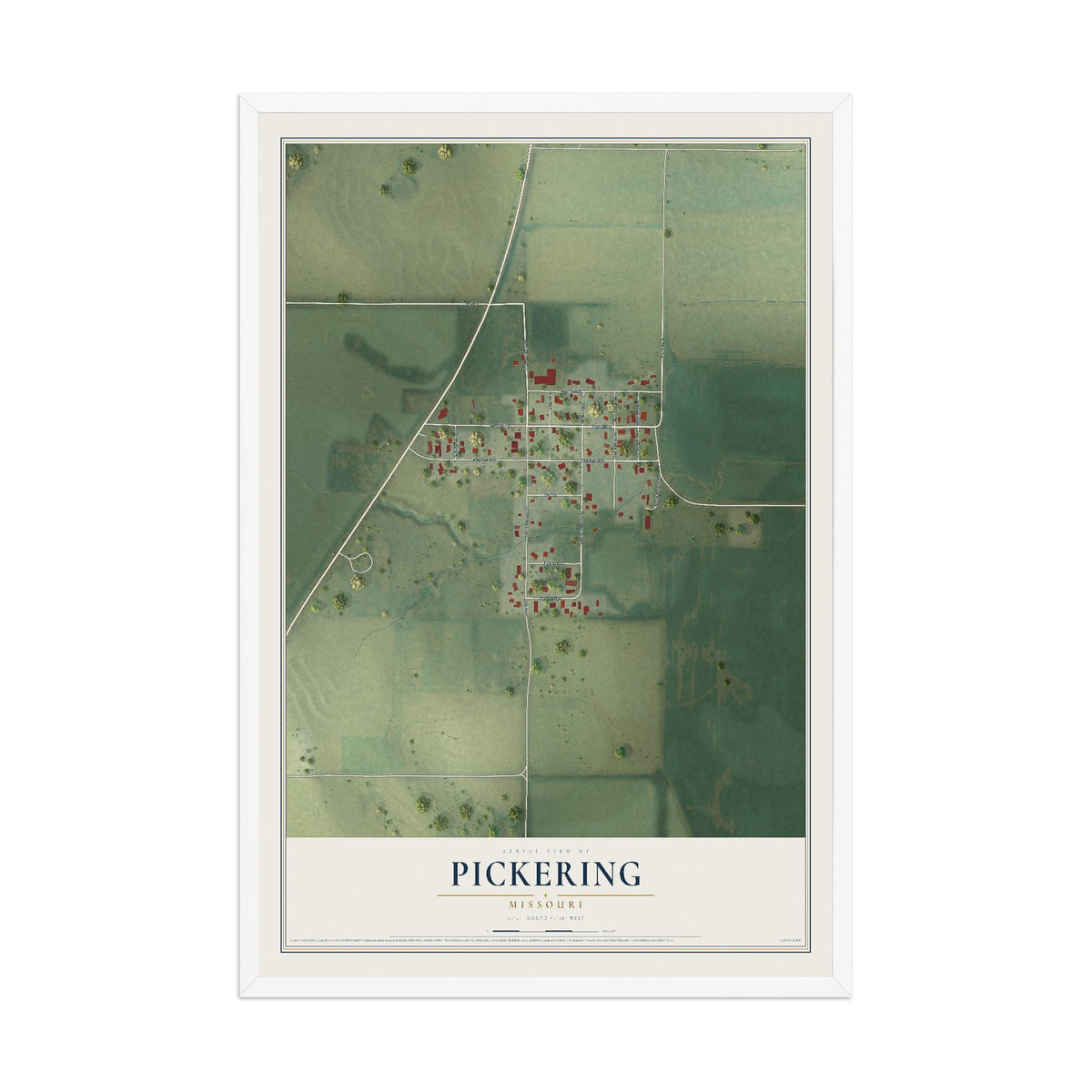 Map of Pickering, Missouri, 12 x 18 inch print in a white wood frame