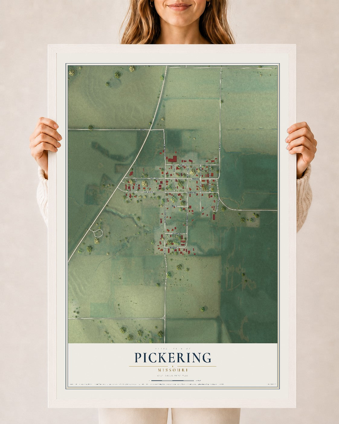 Map of Pickering, Missouri, 24 x 36 inch print in a white wood frame