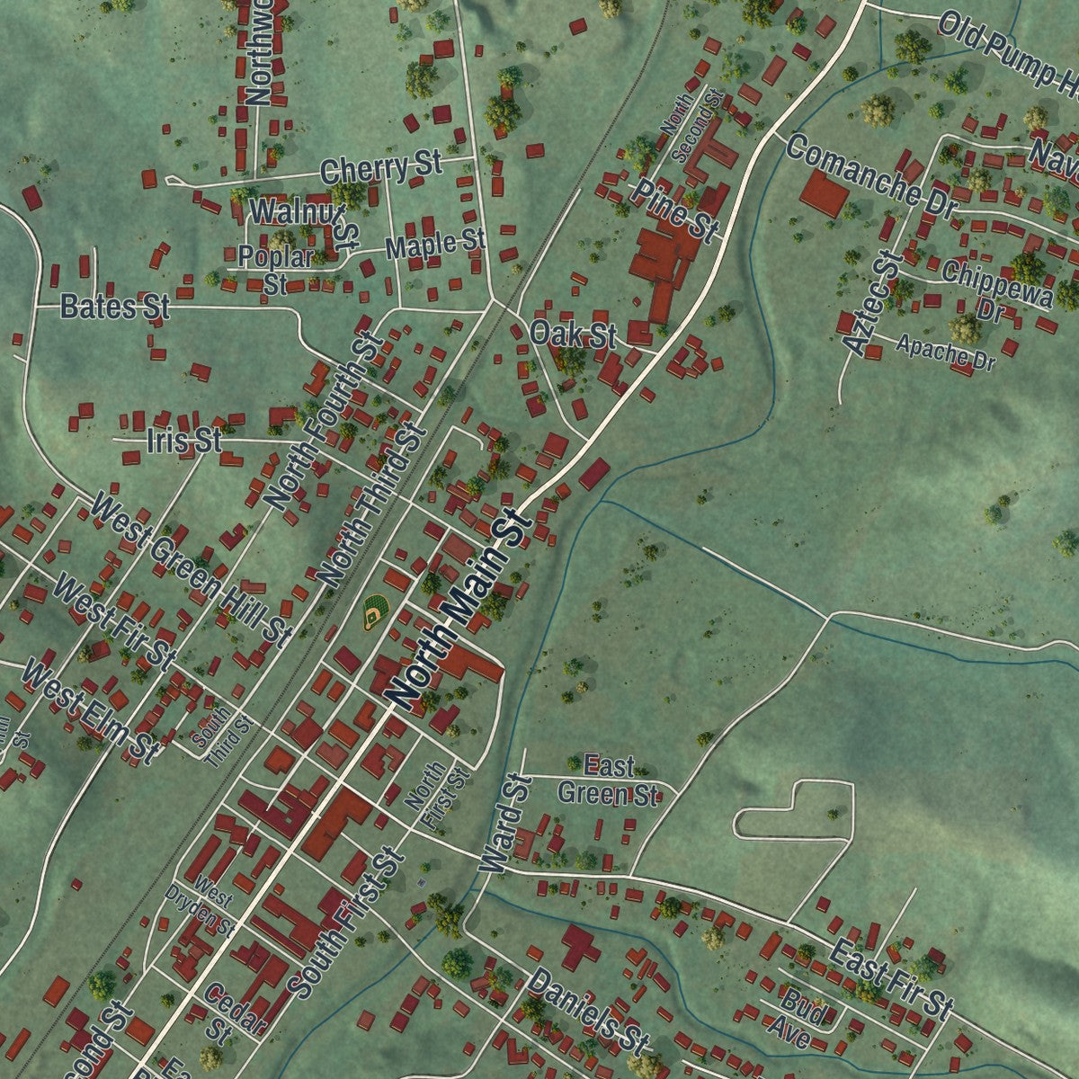 Close-up of the map of Piedmont, Missouri print showing street and building detail