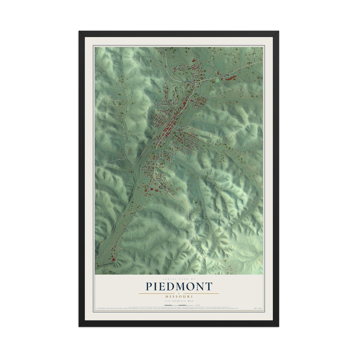 Map of Piedmont, Missouri, 12 x 18 inch print in a black wood frame