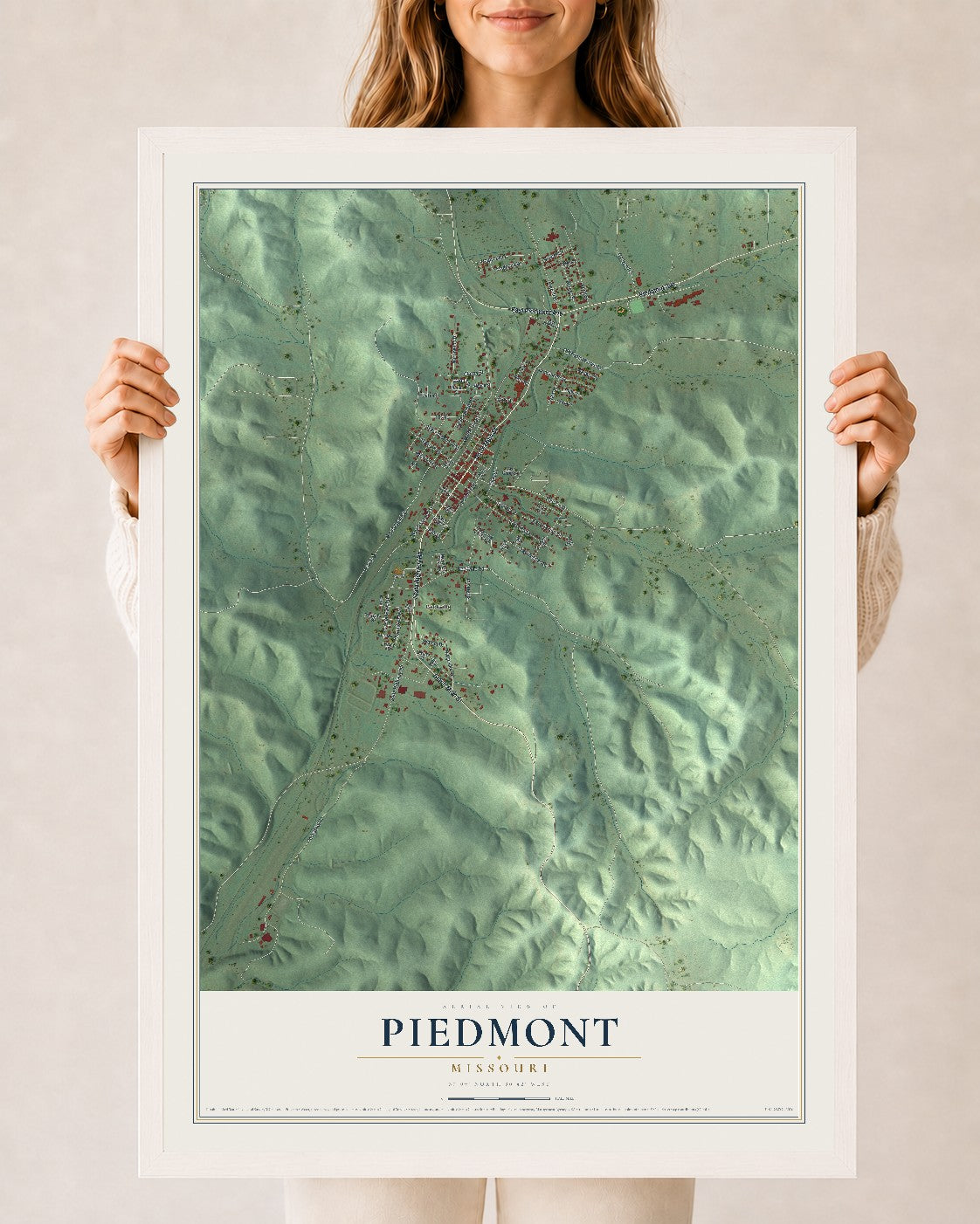 Map of Piedmont, Missouri, 24 x 36 inch print in a white wood frame