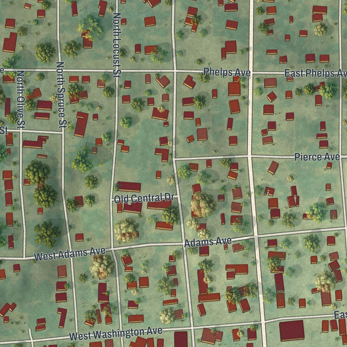 Close-up of the map of Pierce City, Missouri print showing street and building detail