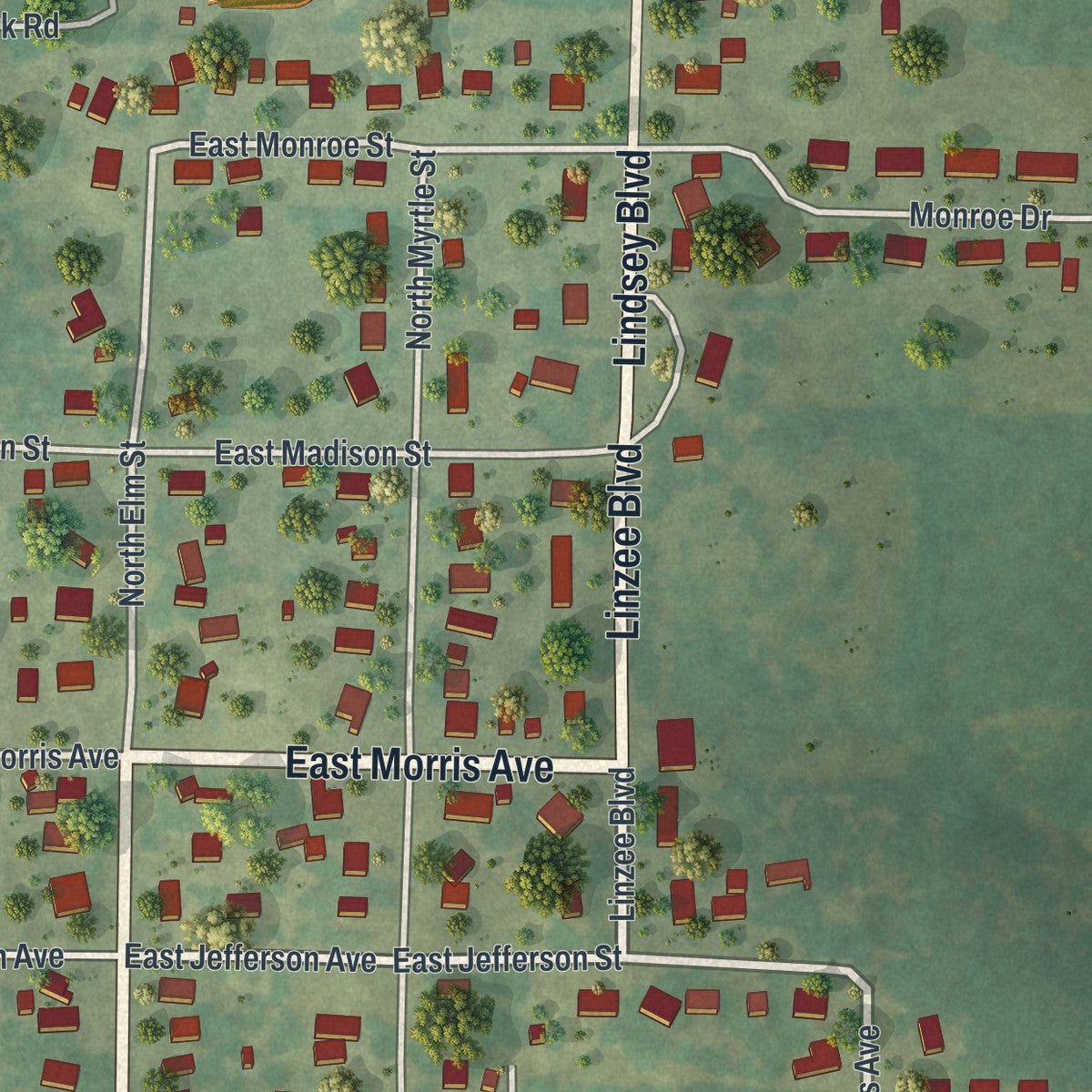 Second close-up of the map of Pierce City, Missouri print showing more streets and buildings