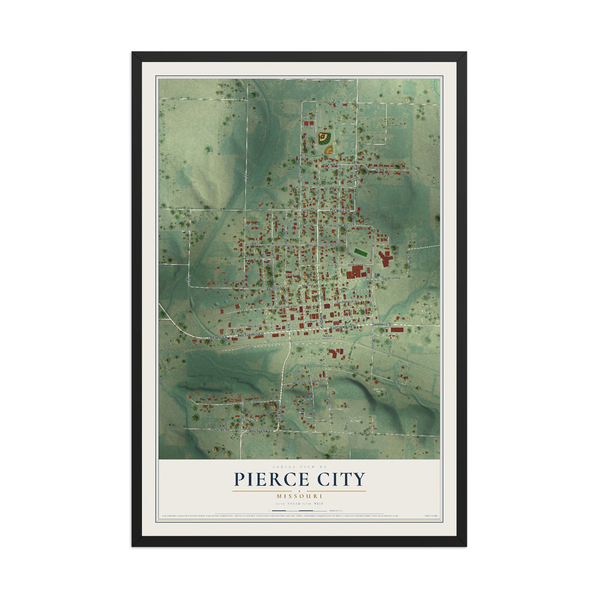 Map of Pierce City, Missouri, 12 x 18 inch print in a black wood frame