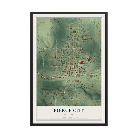 Map of Pierce City, Missouri, 12 x 18 inch print in a black wood frame