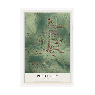 Map of Pierce City, Missouri, 12 x 18 inch print in a white wood frame