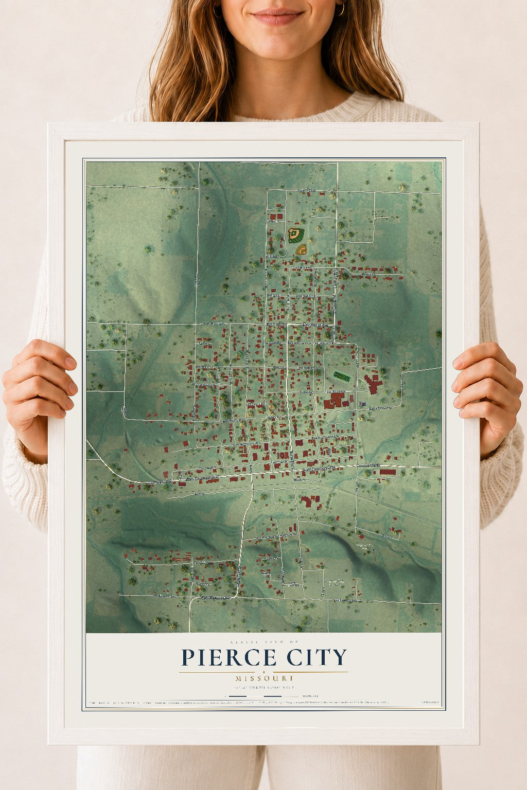 Map of Pierce City, Missouri, 18 x 24 inch print in a white wood frame