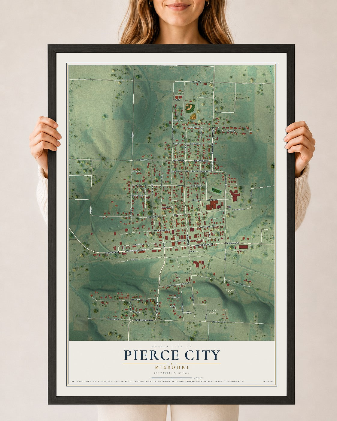 Map of Pierce City, Missouri, 24 x 36 inch print in a black wood frame