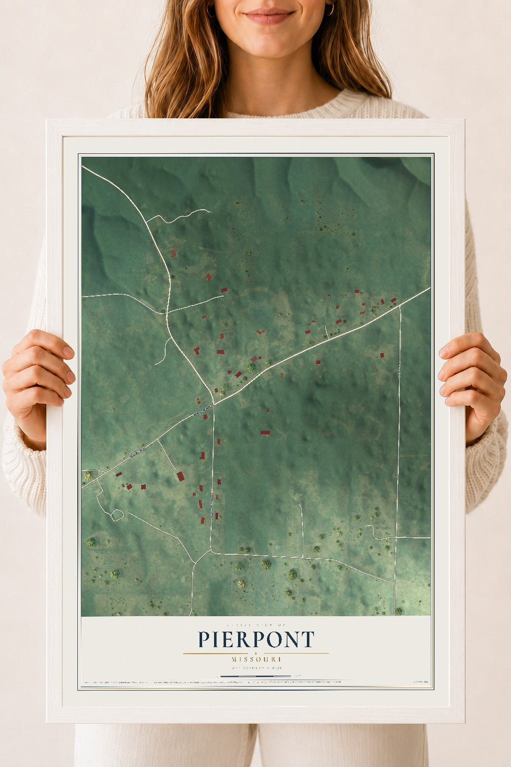Map of Pierpont, Missouri, 18 x 24 inch print in a white wood frame