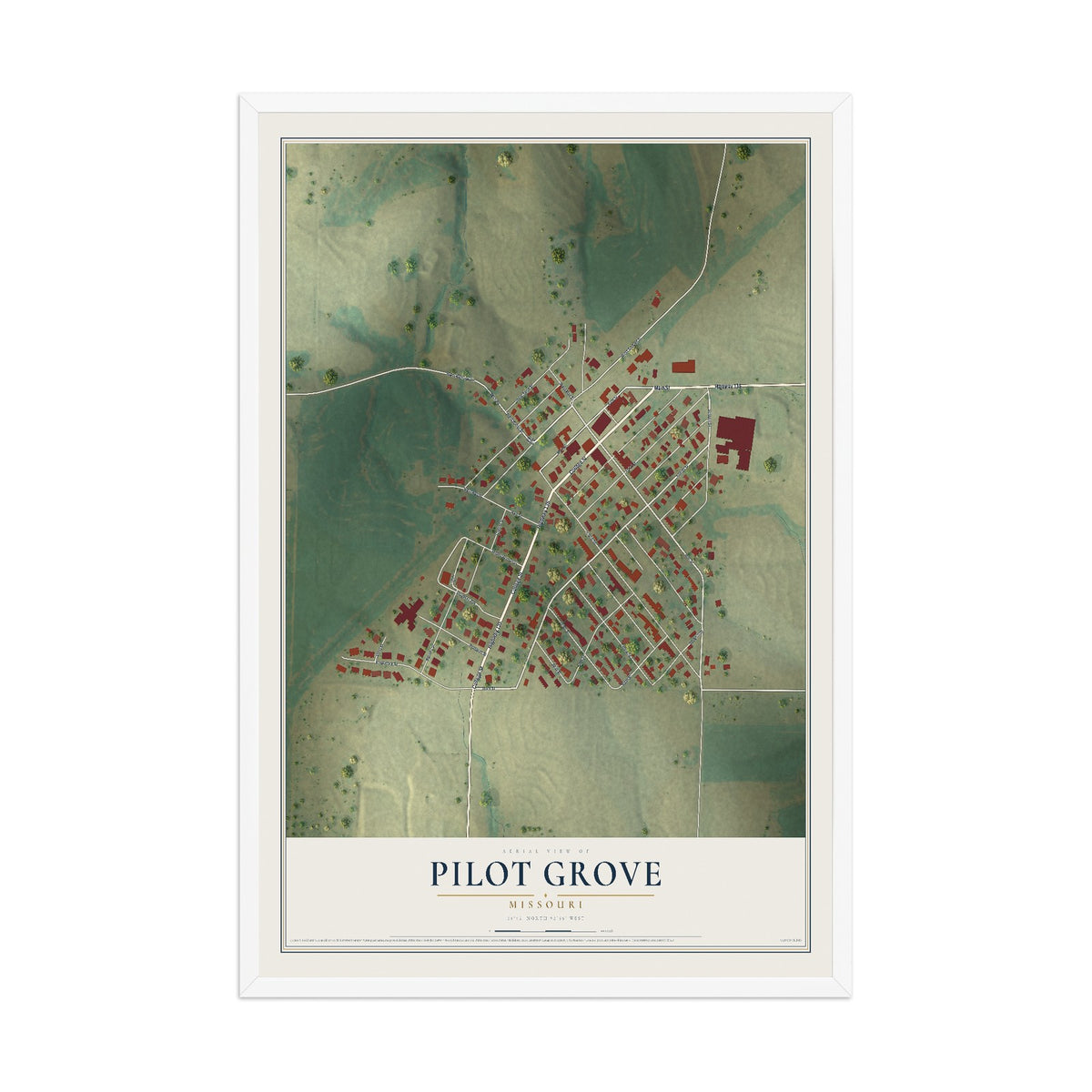 Map of Pilot Grove, Missouri, 12 x 18 inch print in a white wood frame