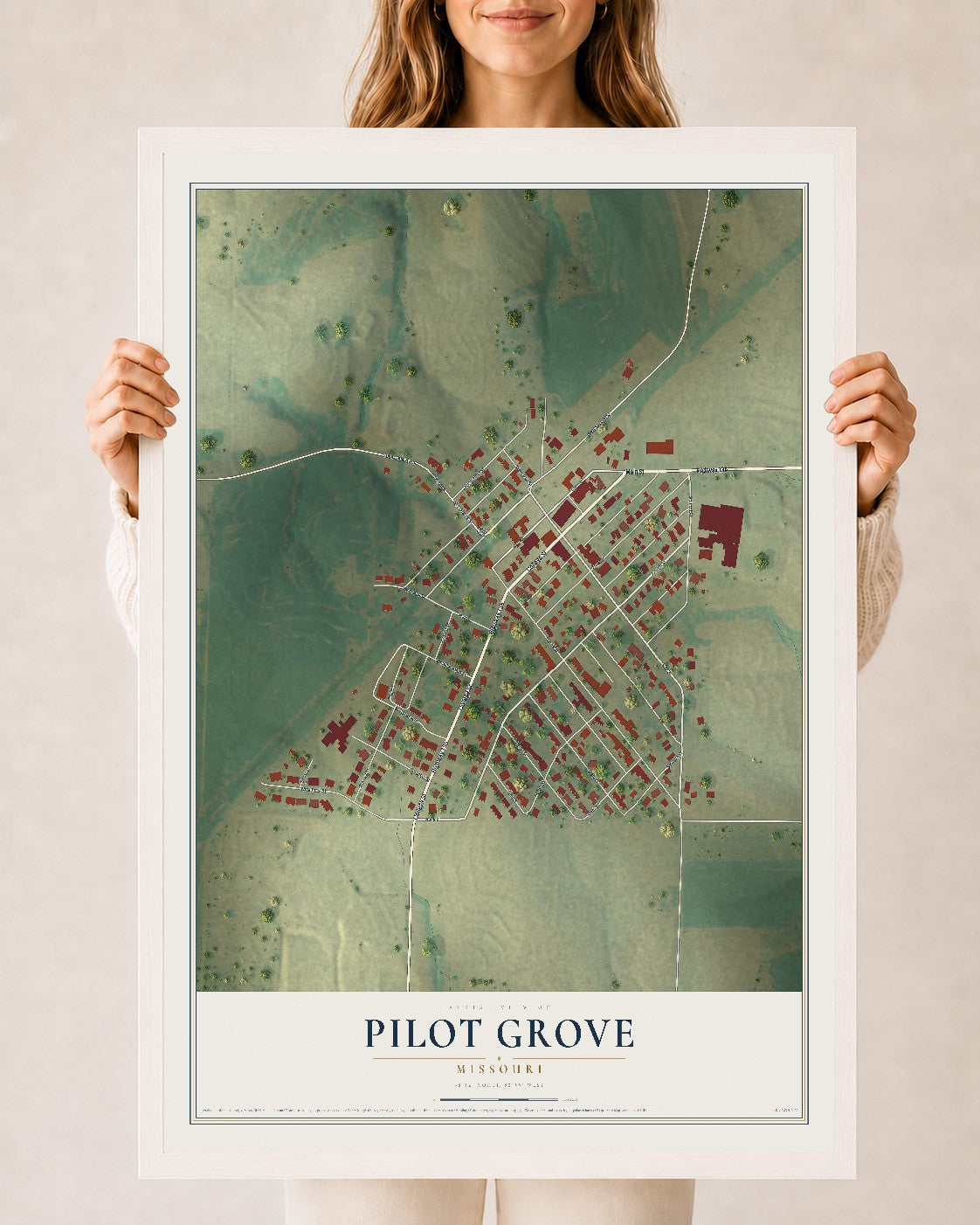 Map of Pilot Grove, Missouri, 24 x 36 inch print in a white wood frame