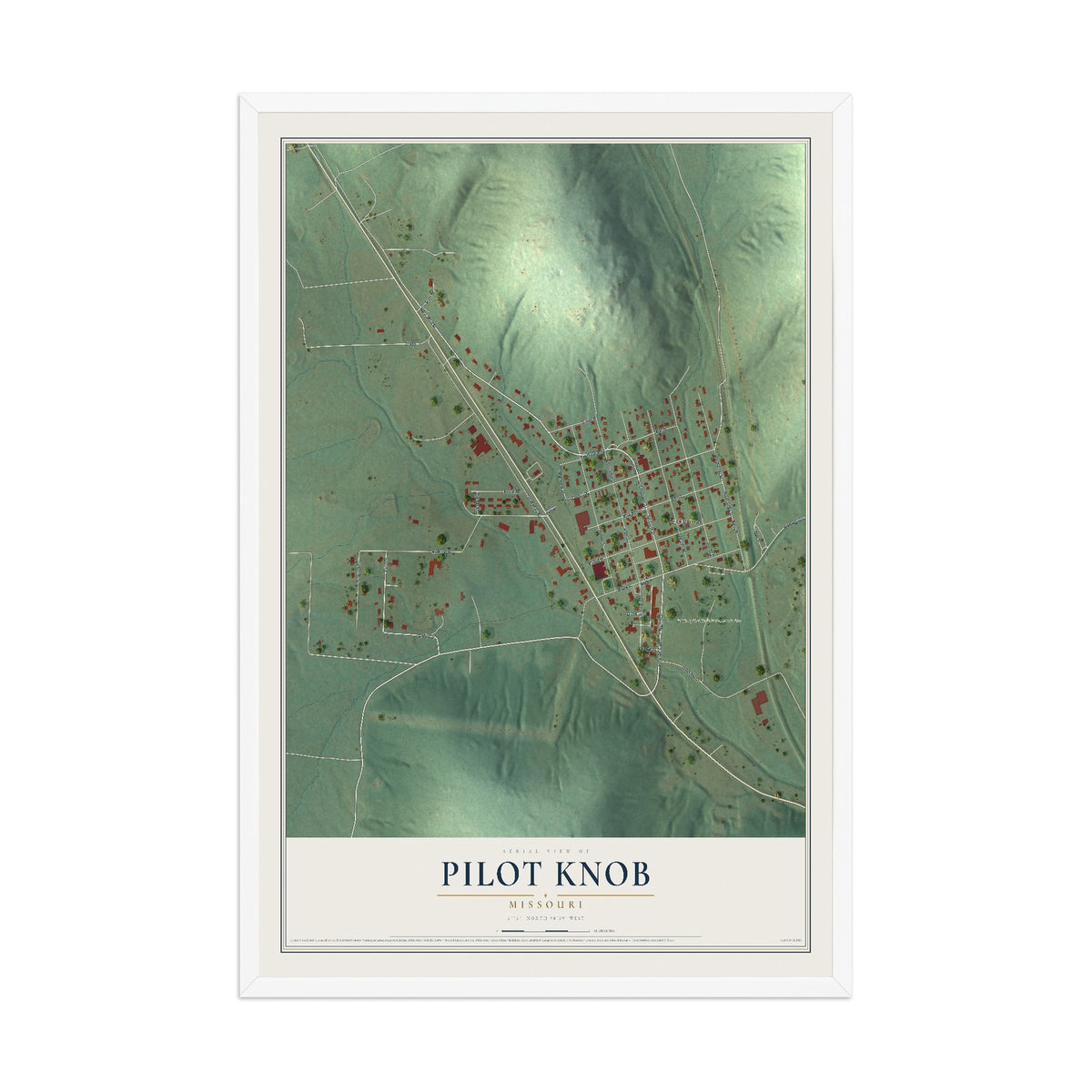 Map of Pilot Knob, Missouri, 12 x 18 inch print in a white wood frame